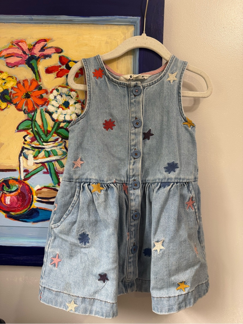 Mini Boden Denim Star Embroidered jumpeDress